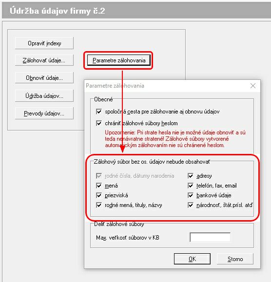 parametre zaloha bez os udajov